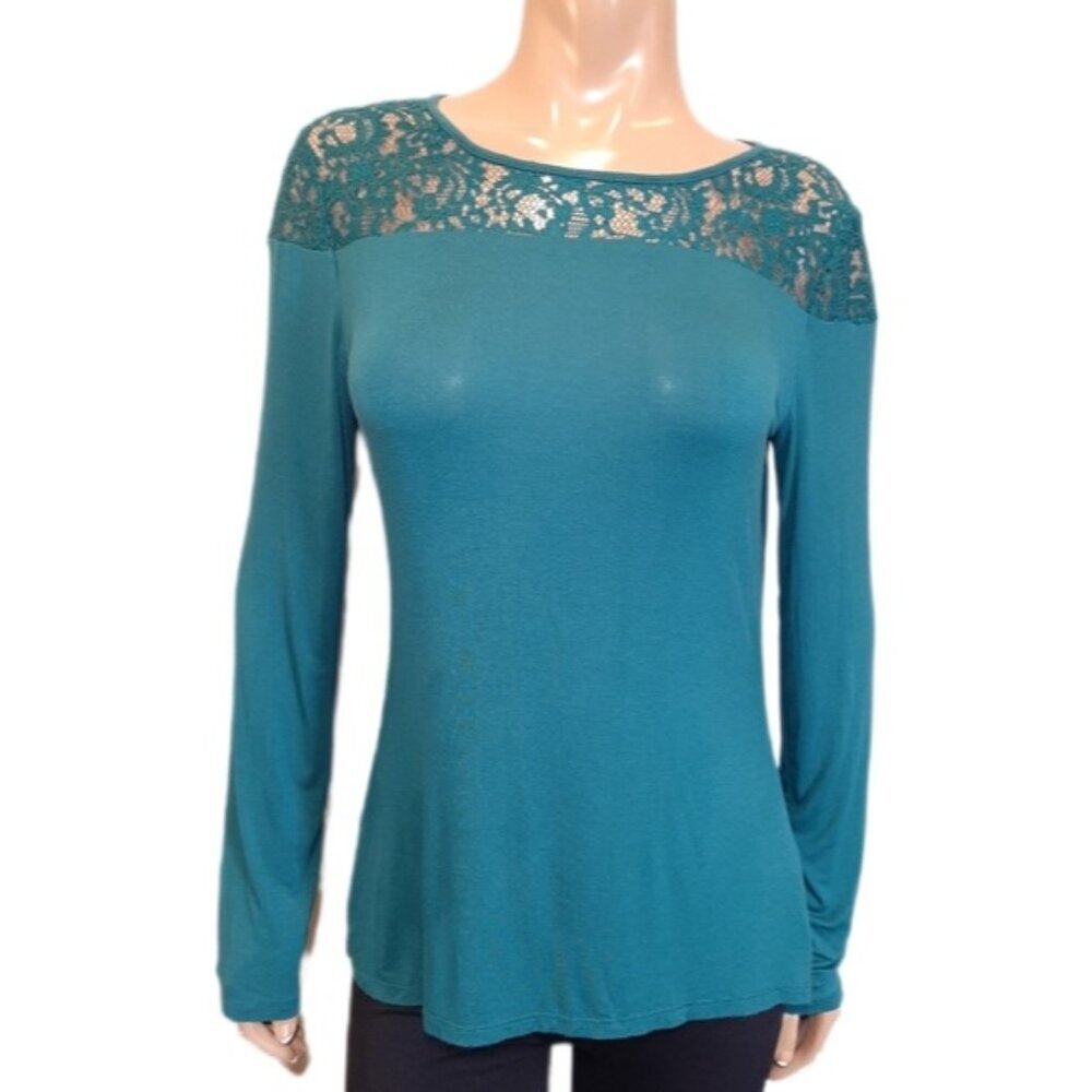Laundry By Shelli Segal Lace Long Sleeve Top Teal Green Rayon Blouse